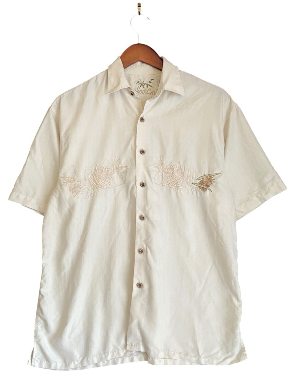 Bamboo Cay | Men’s Cream Rayon Blend Embroidered Tropical Button Up | Size S